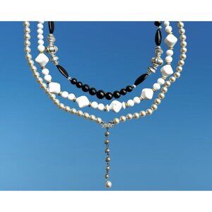 VTG White cube beaded, Silver tone & black beaded, faux pearl beaded necklaces